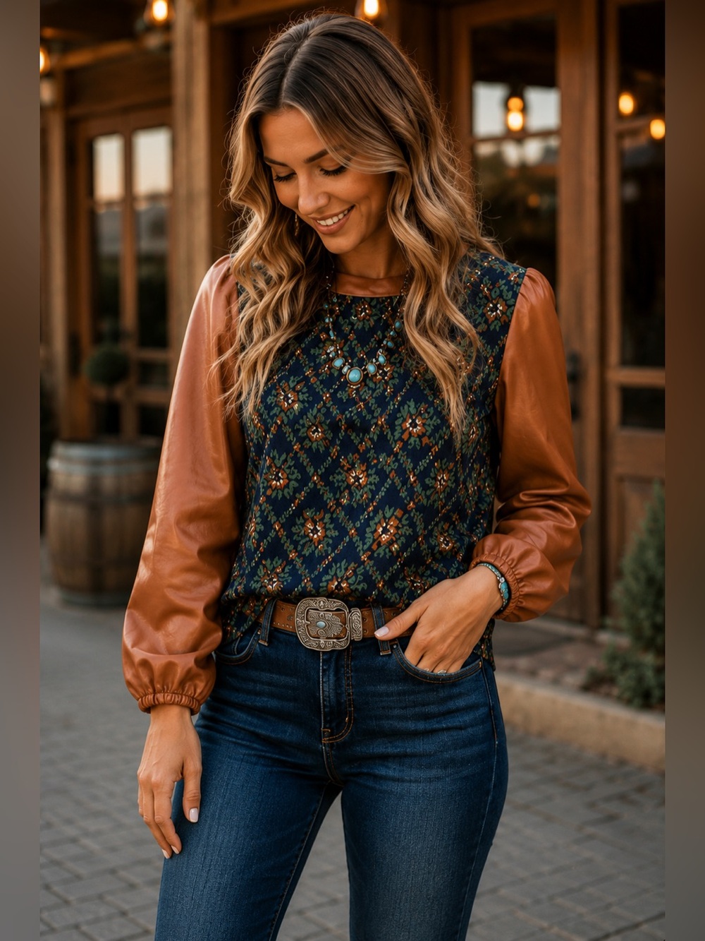 VOY Floral Faux Leather Sleeve Top Western Boho Boutique Blouse Medium